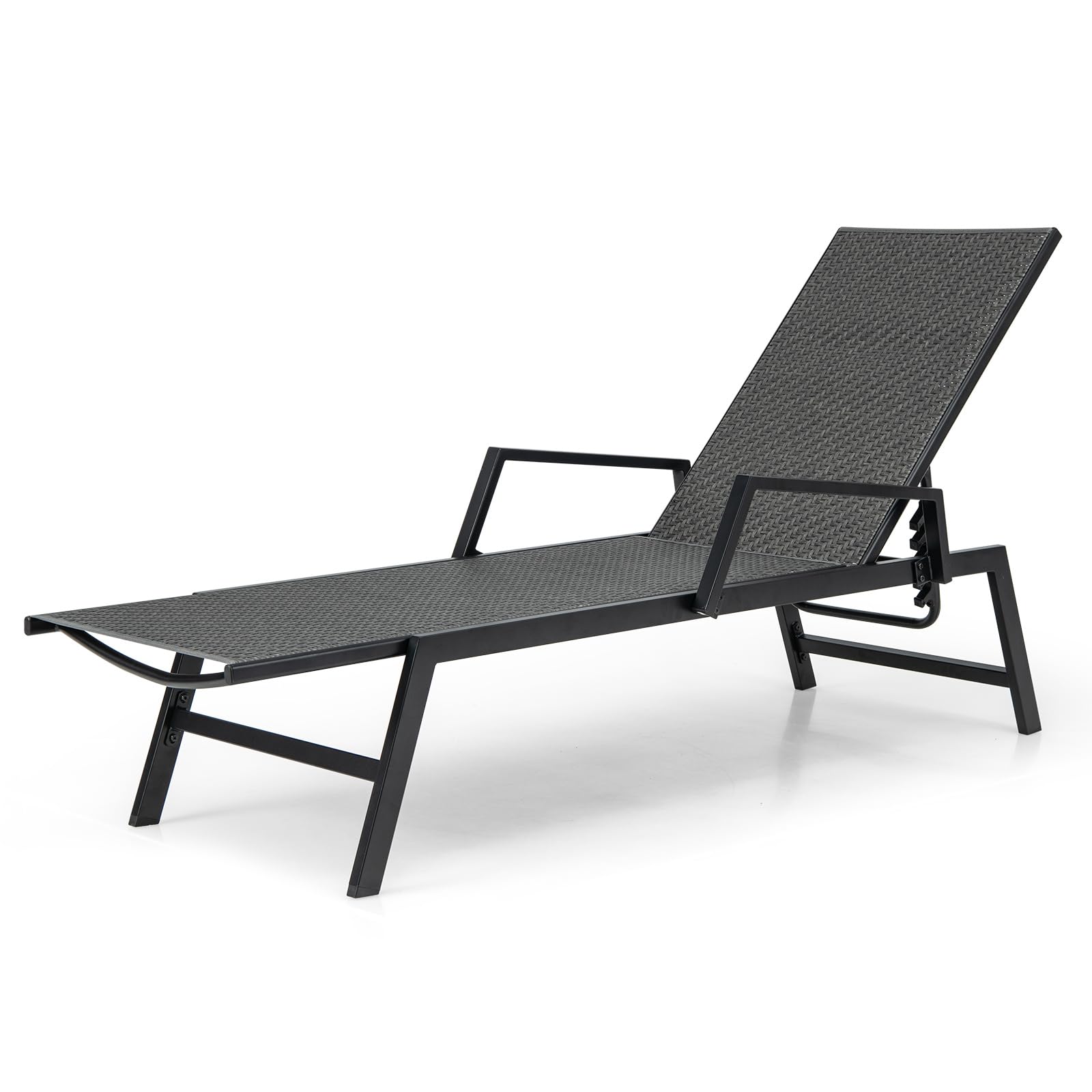 Tangkula Chaise longue d'extérieur en rotin, fauteuil inclinable en osier PE tressé avec accoudoirs et dossier à 5 positions